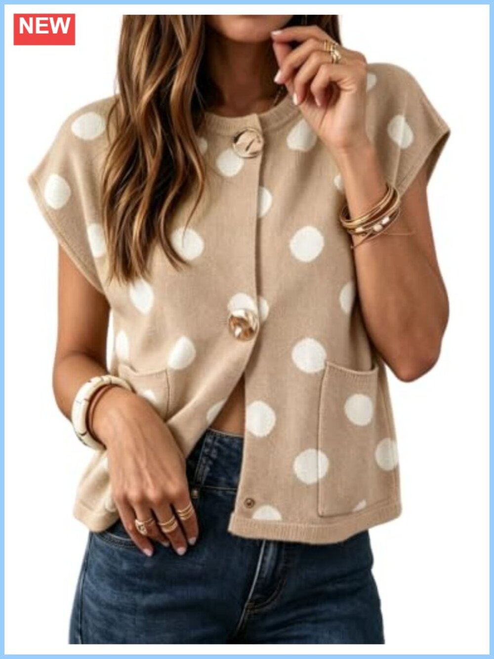 Women's Cropped Cardigan Knit Sweater Lightweight Polka Dot Cap Sleeve Gold